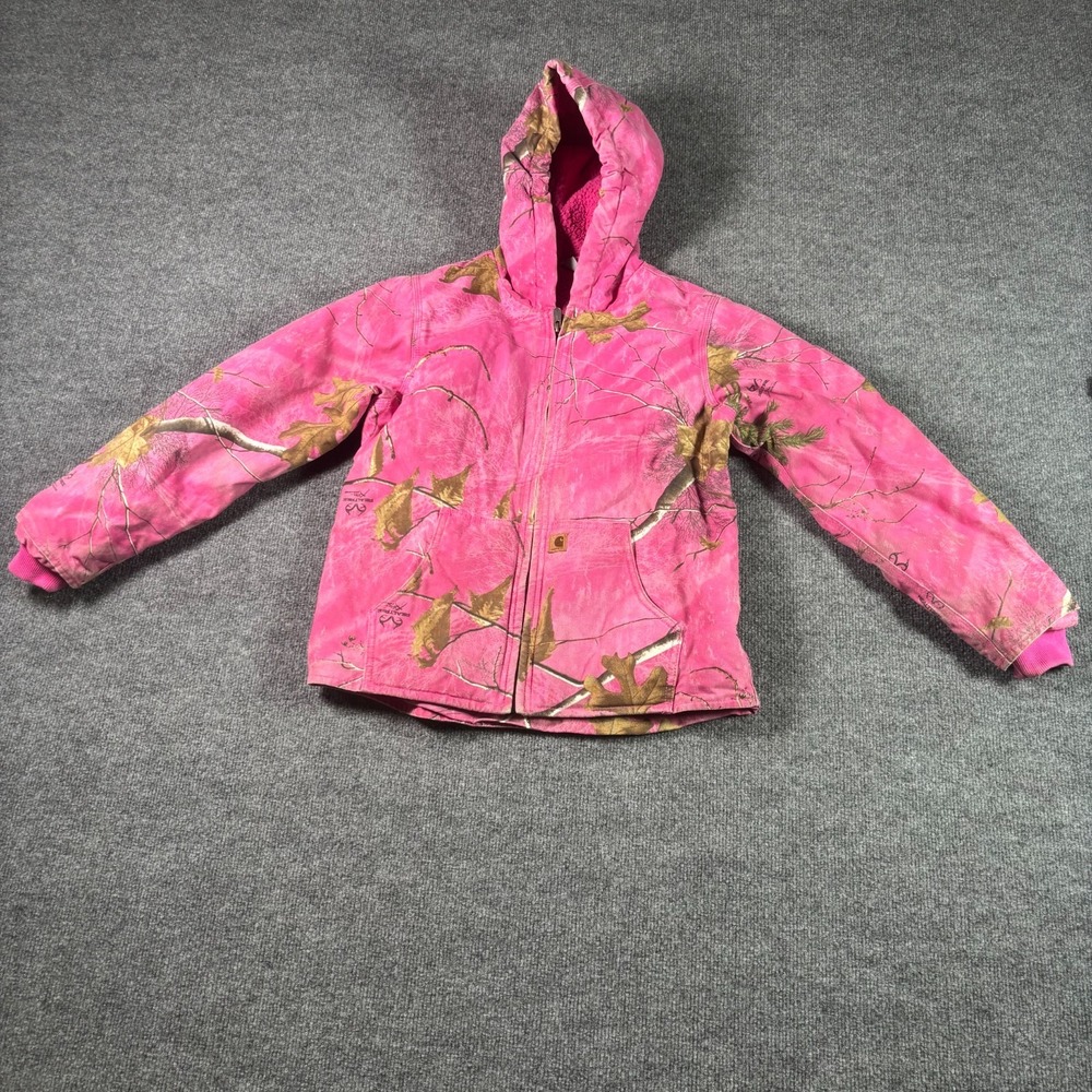 Carhartt Jacket Girls Large 14 Pink Canvas Realtree Camo Full Zip Hooded Outdoor